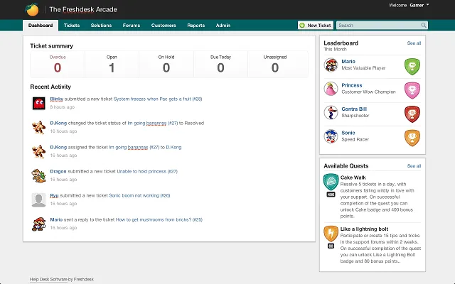 Screenshot of the Freshdesk Arcade dashboard. At the middle of the page is the list of recent activities and at the top is ticket summary with the number of overdue, open, on hold, due today and unassigned tickets. On the upper right corner of the dashboard shows the Leaderboard and who is the month's Most Valuable Player, Customer Wow Champion, Sharpshooter and Speed Racer. Below it is the Available Quests section.