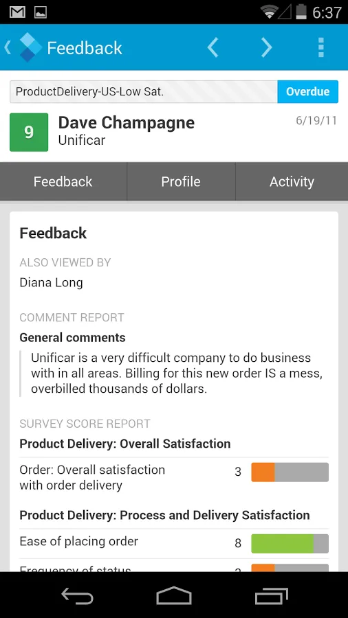 Screenshot of a client's sample feedback as shown in Medallia's real-time dashboard. The dashboard also shows who already viewed the feedback, the comment report, and the survey score report. The rating for the overall satisfaction with order delivery is 3 and the graph is red. The rating for the ease of placing order is 8 and the graph is green.